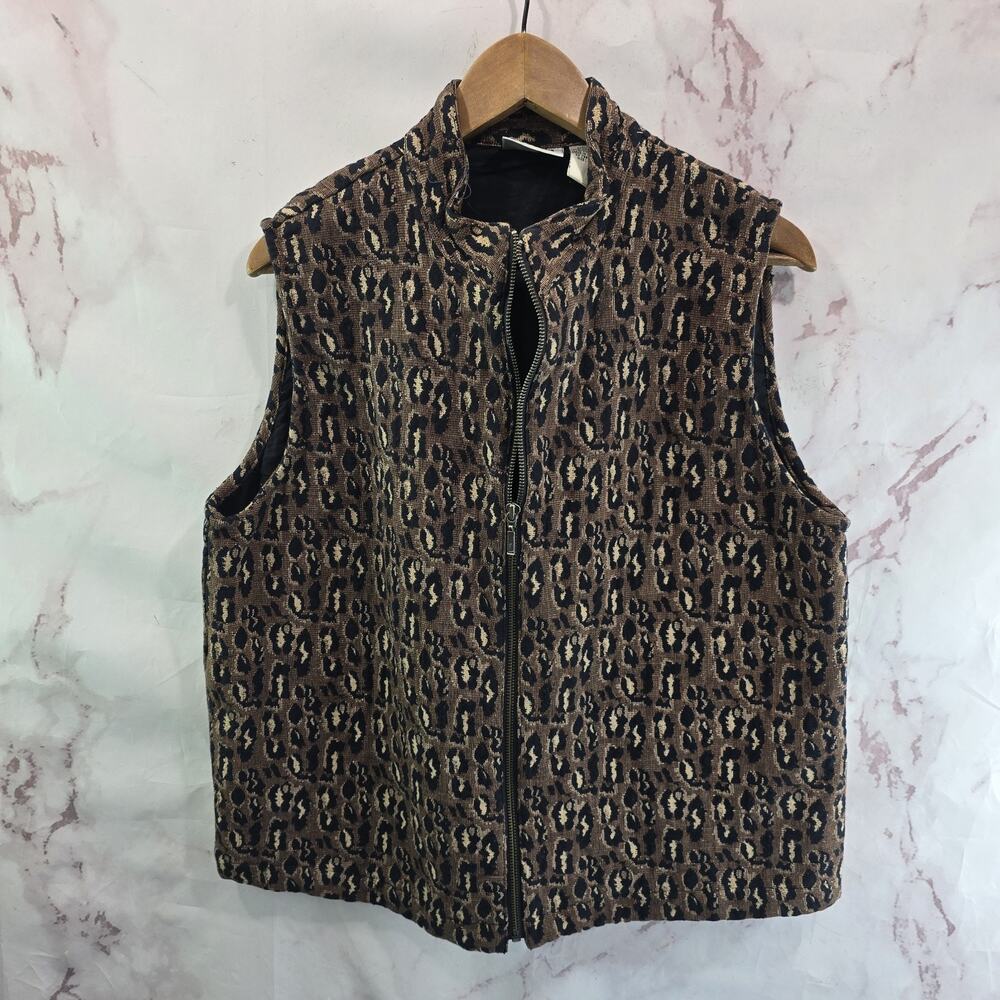 Chicos Vest Womens Large 2 Brown Black Zip Tapestry Woven Leopard Cheetah Cotton